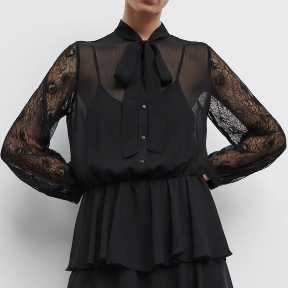 NEW Zara Black Lace Bow Neck Ruffled Mini Dress - Picture 4 of 11